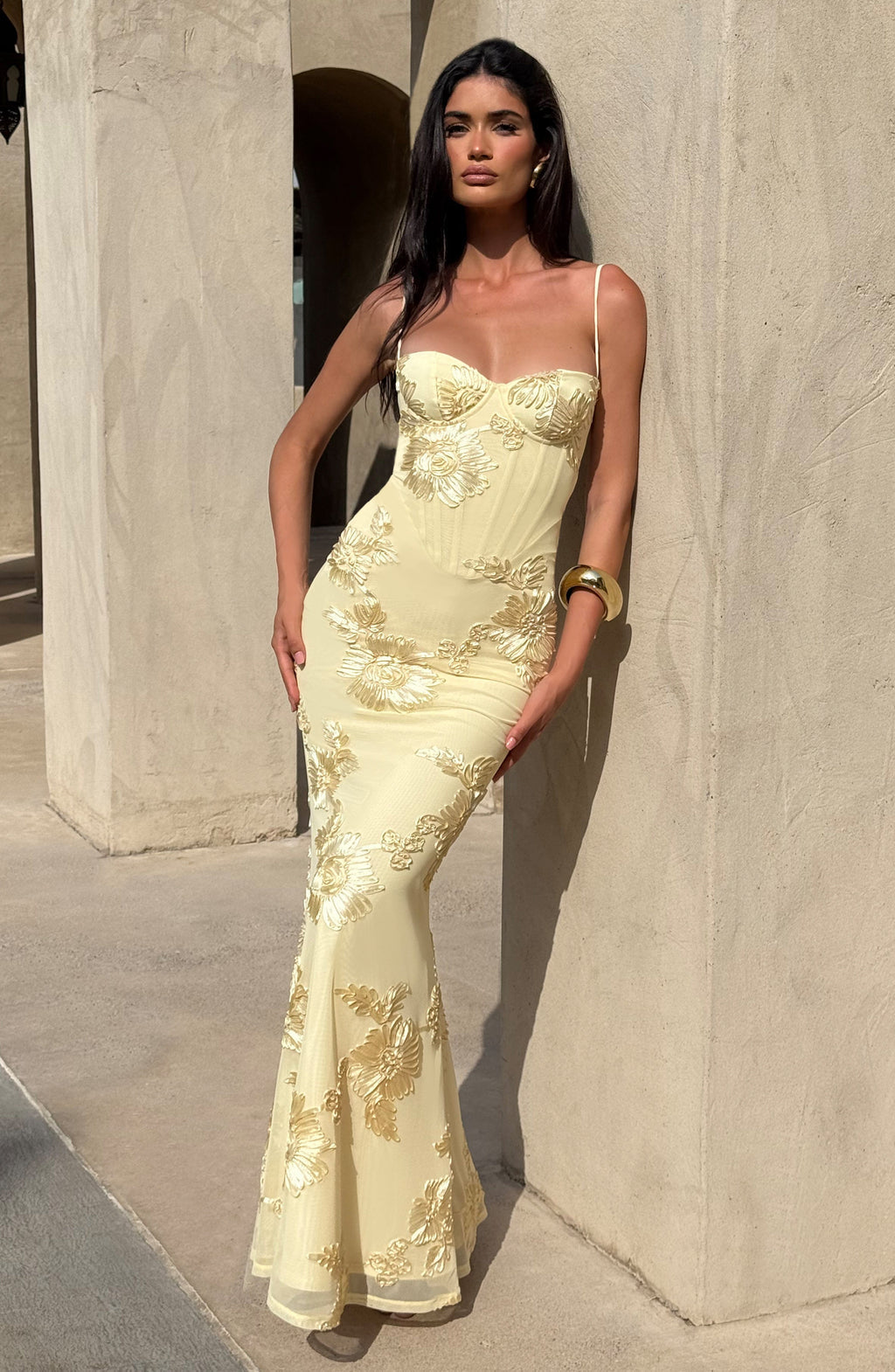 Women's Yellow Floral Corset Spaghetti Strap Maxi Wedding Guest Dress