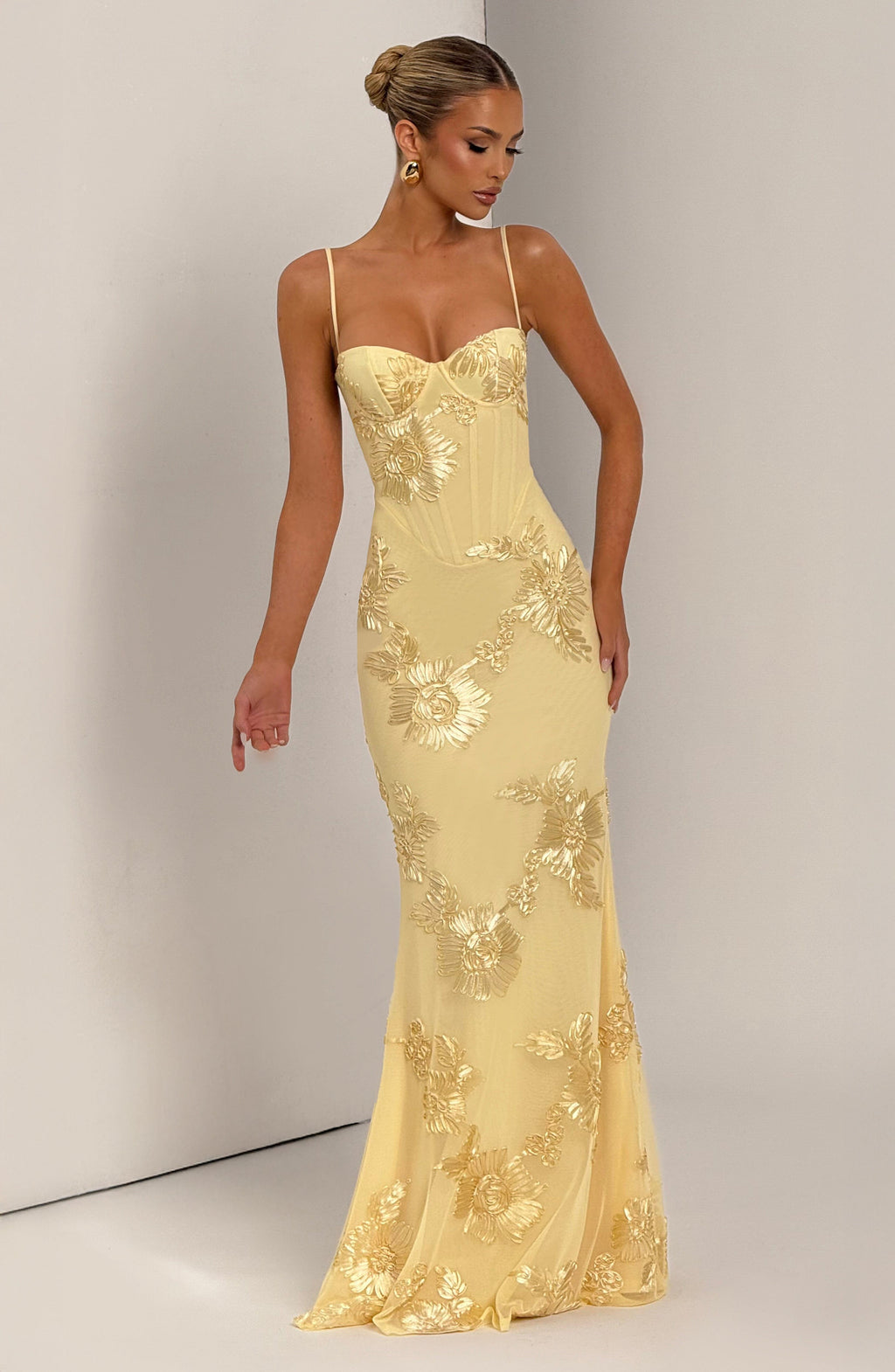 Women's Yellow Floral Corset Spaghetti Strap Maxi Wedding Guest Dress