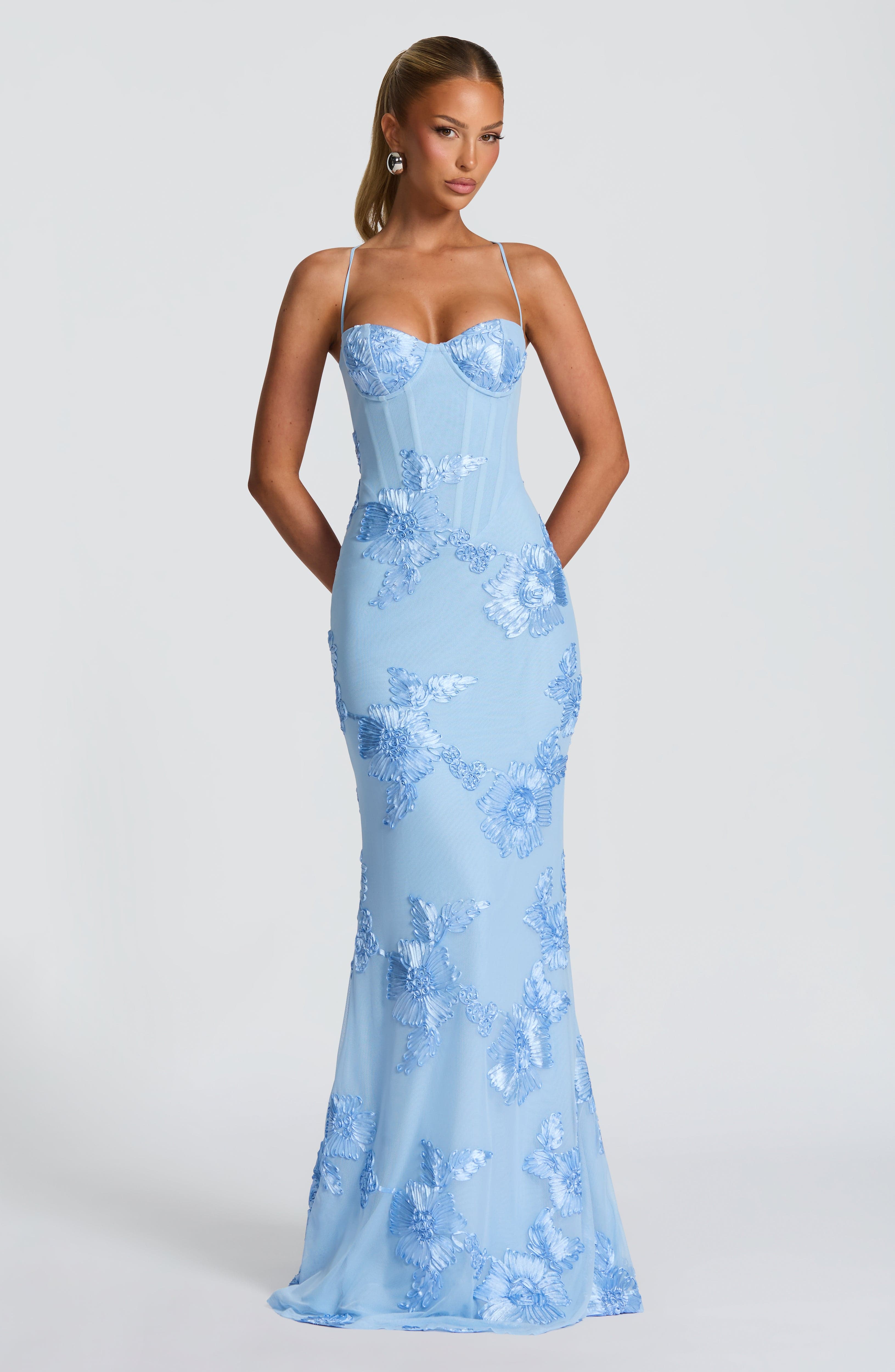Women's Yellow Floral Corset Spaghetti Strap Maxi Wedding Guest Dress
