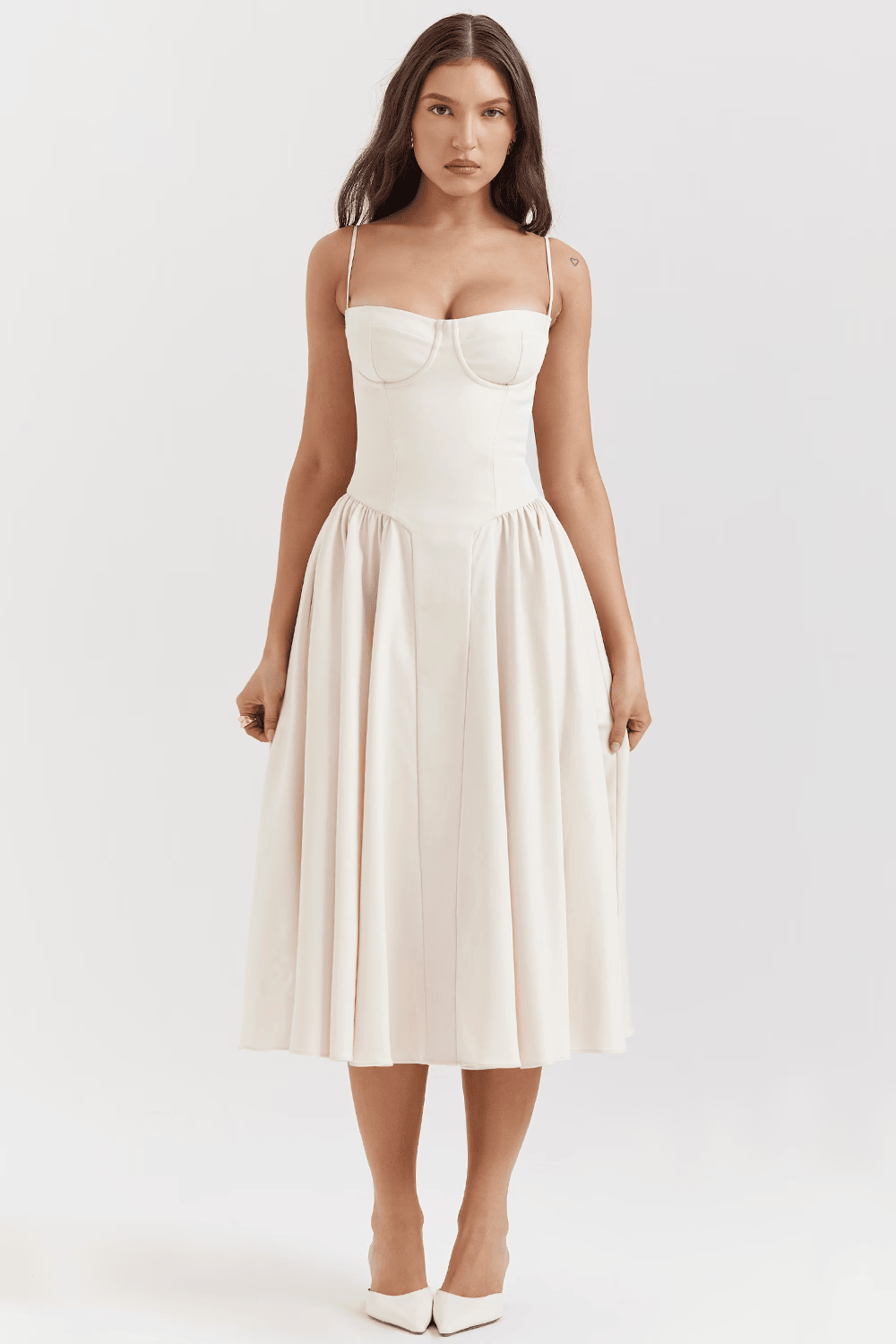 Women's Navy Sweetheart Neck Spaghetti Strap Corset Bodice Flared Midi Dress