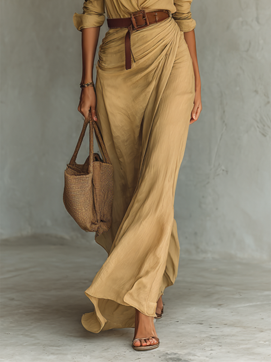 Women's Khaki Lapel Maxi Dress | Single Breasted Long Sleeve Belted Casual Dress