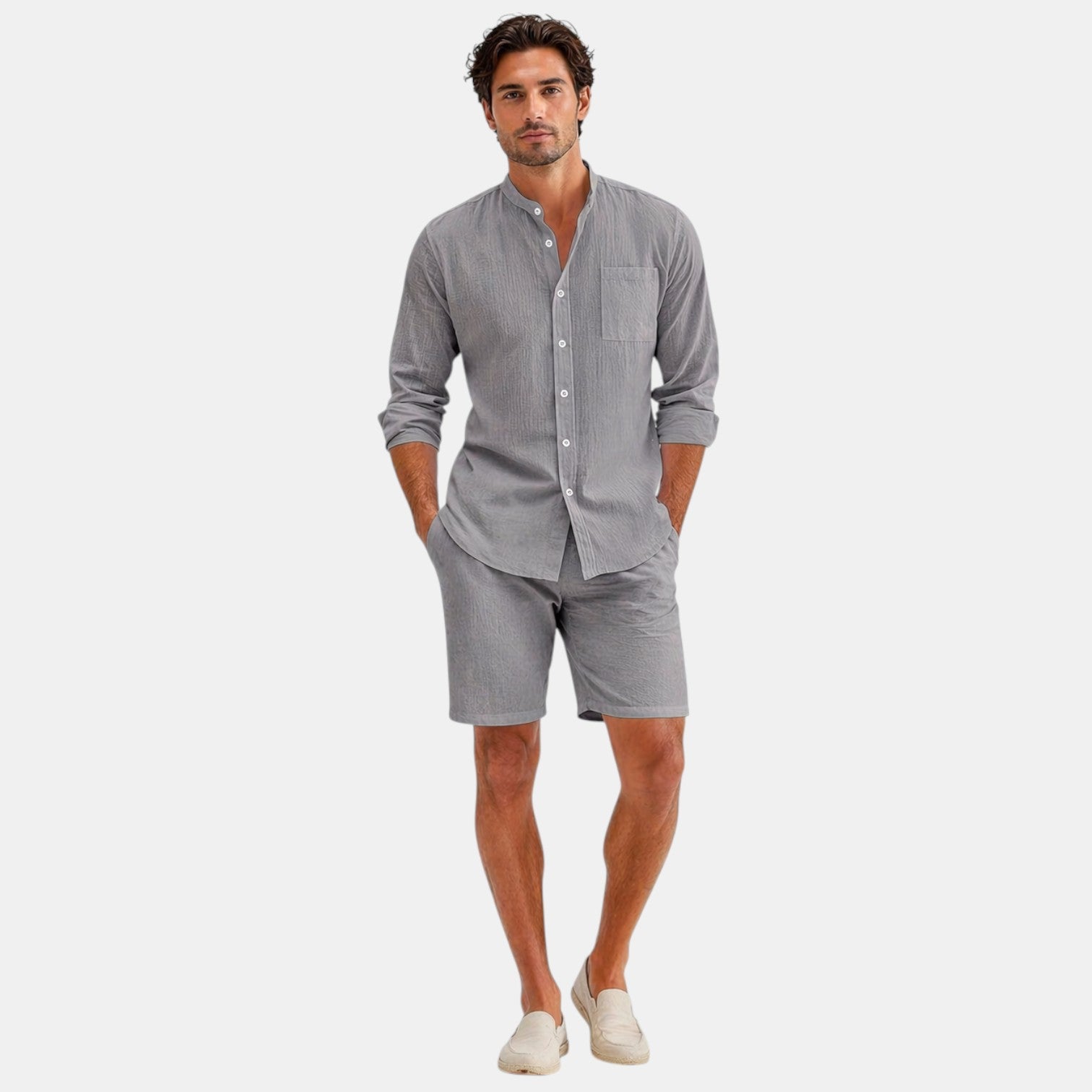 mens linen summer set | matching shirt and pants outfit - front view