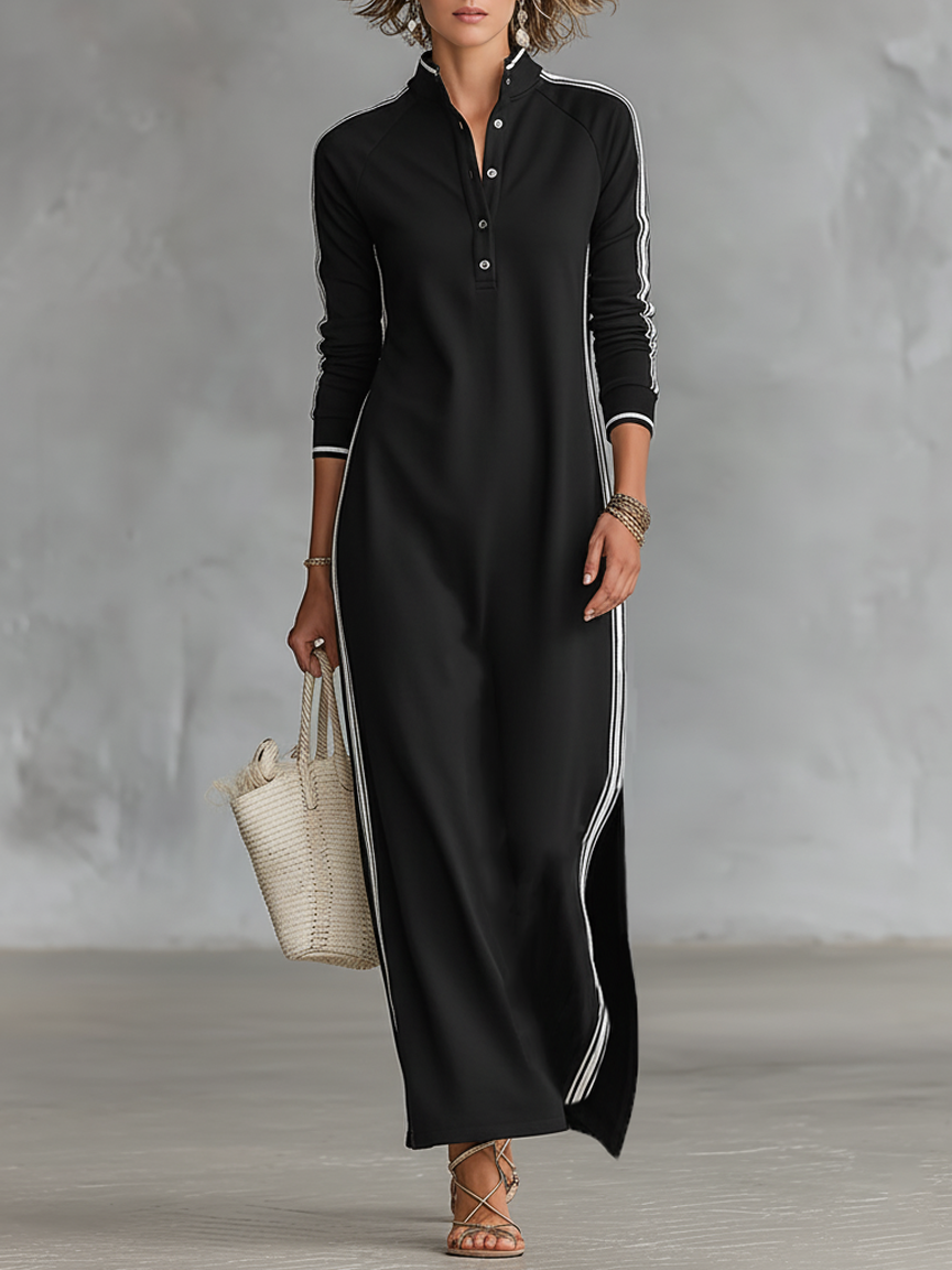 Women's Black Sweatshirt Maxi Dress | Button-Down Collar White Trim Casual Minimalist Dress