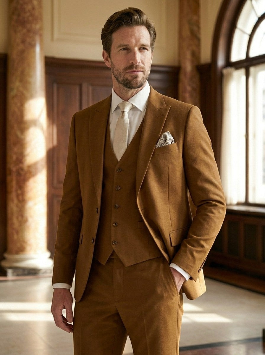 Men's classic slim fit 3-piece suit, side view
