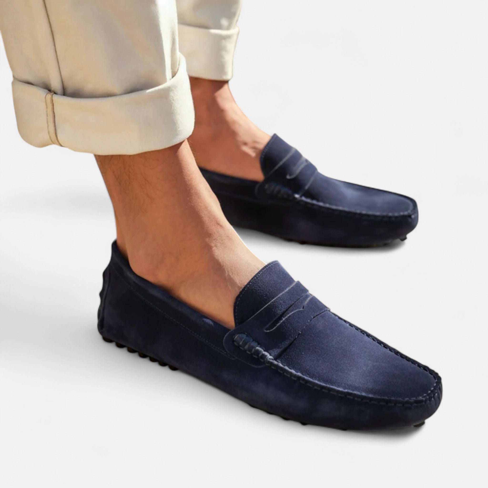 mens suede driver loafers | casual comfort slip-on shoes - worn view