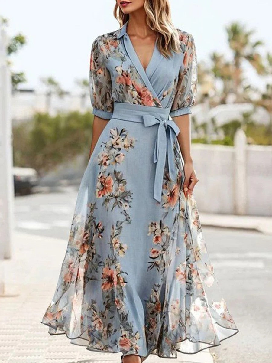 Women's Blue Floral Chiffon Midi Dress | V-Neck Casual Summer & Wedding Guest Dress