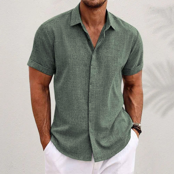 mens short sleeve linen button-up shirt | lightweight summer top - back view