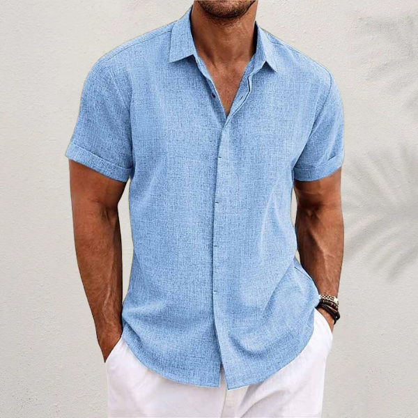 mens short sleeve linen button-up shirt | lightweight summer top - detail view
