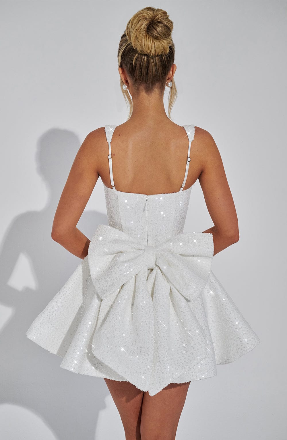 Women's Sequin Sweetheart Neck Wide Strap Bow Back Flared Mini Dress Party