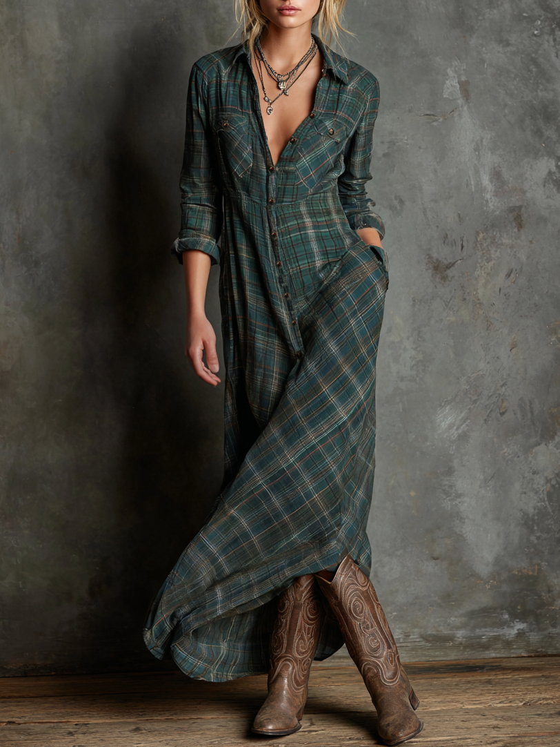 Women's Green Plaid Shirt Maxi Dress | Lapel Single-Breasted Casual Everyday Dress