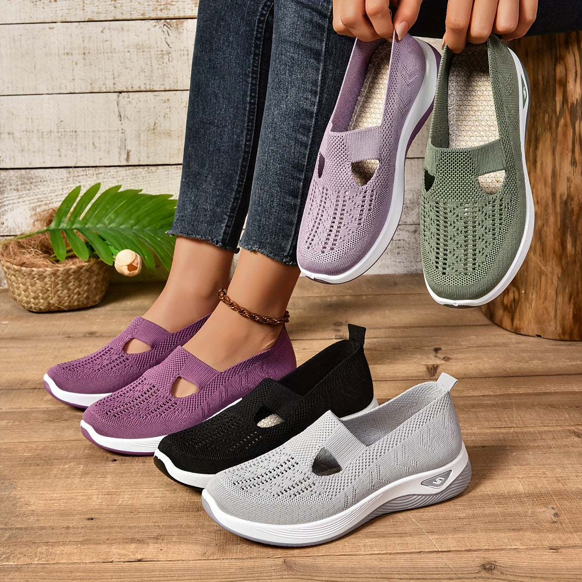 Women's Knit Mesh Slip-On Cutout Cushioned Sole Casual Sneakers