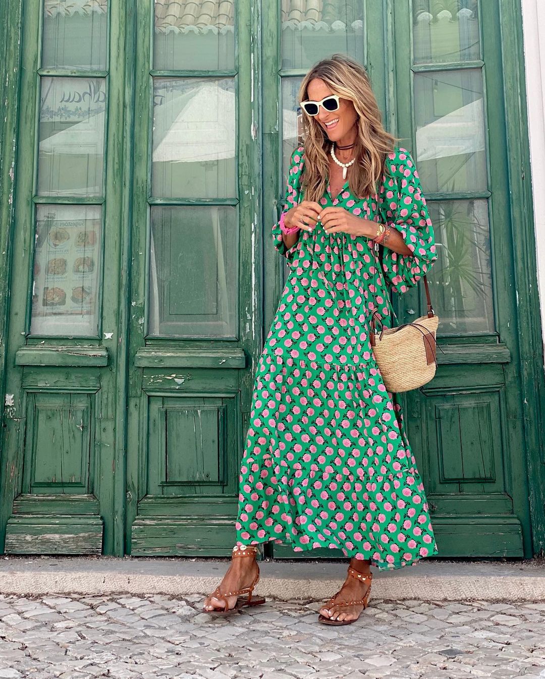 Women's Floral Print V-Neck Bishop Sleeve Flowy Maxi Dress Boho Summer