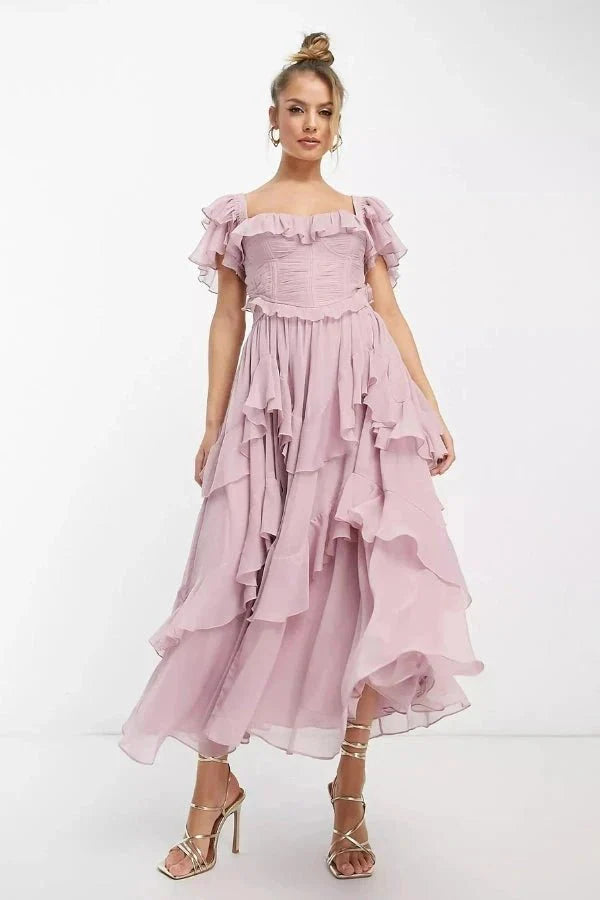 Women's Off Shoulder Ruffle Tiered Asymmetric Midi Two-Piece Set Wedding Guest Boho