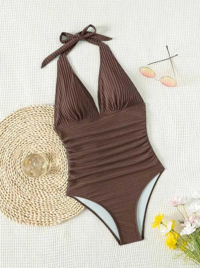 women's halter neck deep v ribbed swimsuit - back view