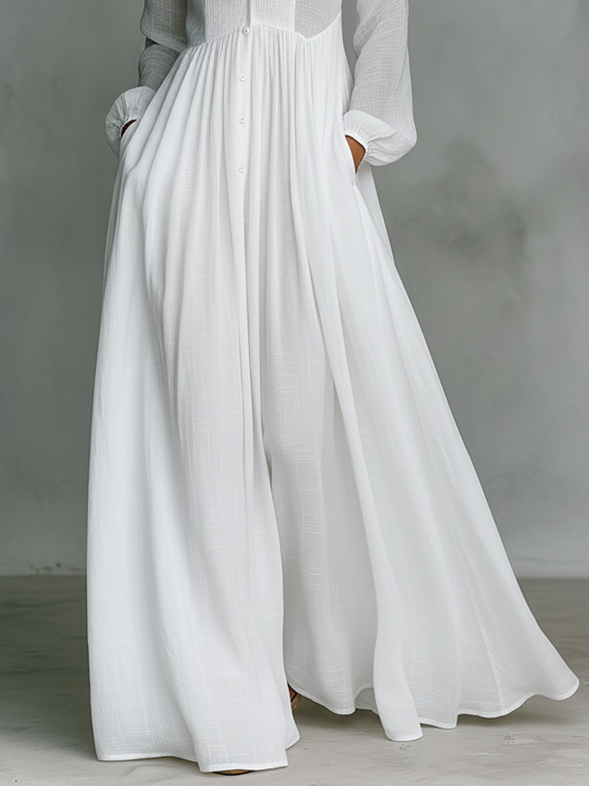 Women's White Maxi Dress | Single-Breasted Stand Collar Long Sleeve Patchwork Casual Dress