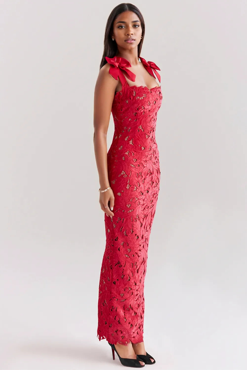 Women's Black Floral Lace Sweetheart Neck Flutter Sleeve Maxi Evening Dress Wedding Guest