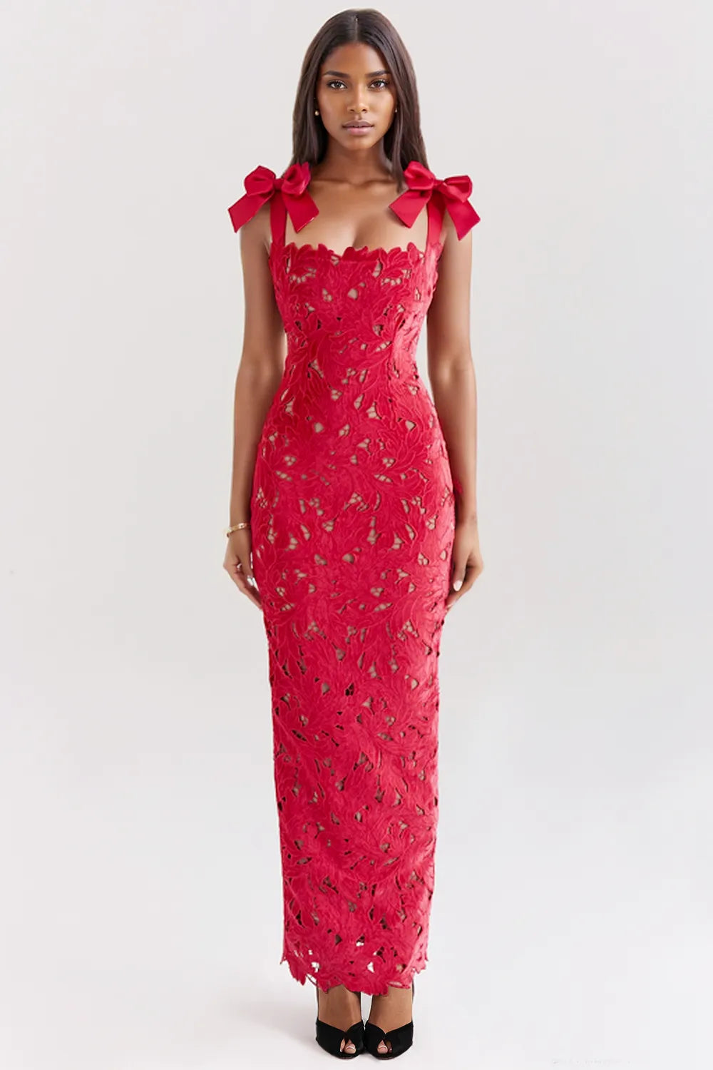 Women's Black Floral Lace Sweetheart Neck Flutter Sleeve Maxi Evening Dress Wedding Guest