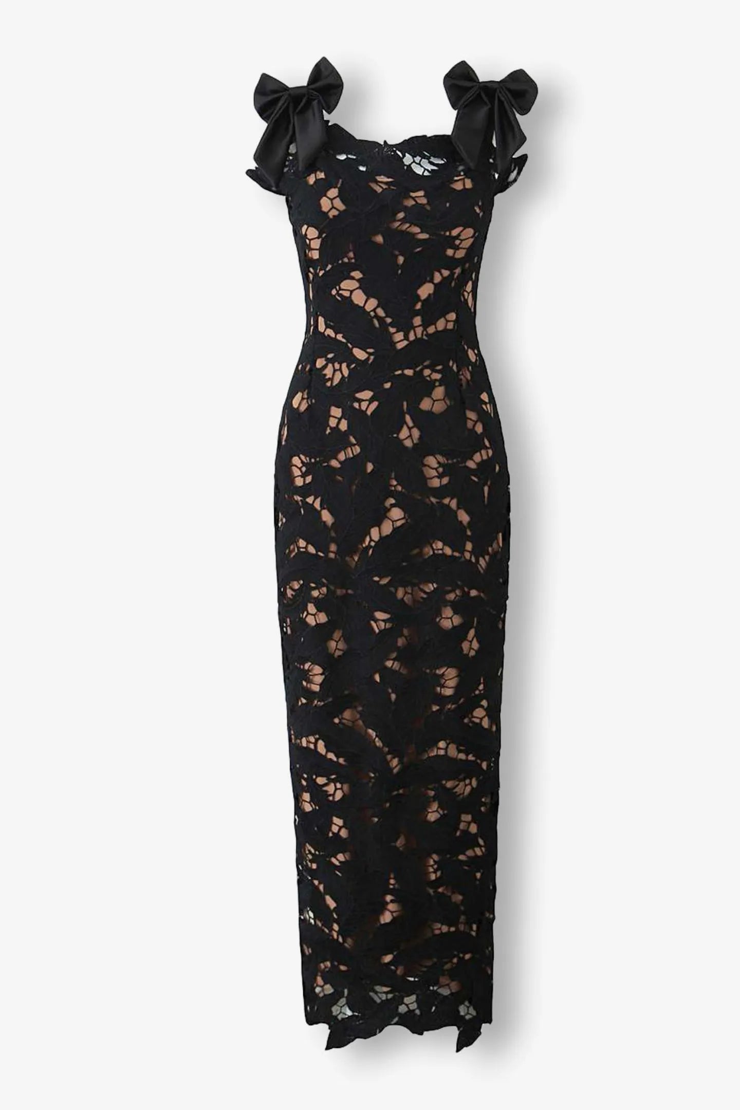 Women's Black Floral Lace Sweetheart Neck Flutter Sleeve Maxi Evening Dress Wedding Guest