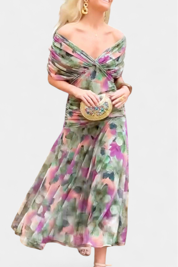 Women's Off Shoulder Draped Twisted Neckline Flowy Maxi Dress Formal Wedding Guest