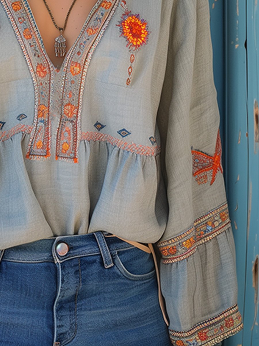 Women's Floral Embroidered V-Neck Long Sleeve Relaxed Boho Blouse