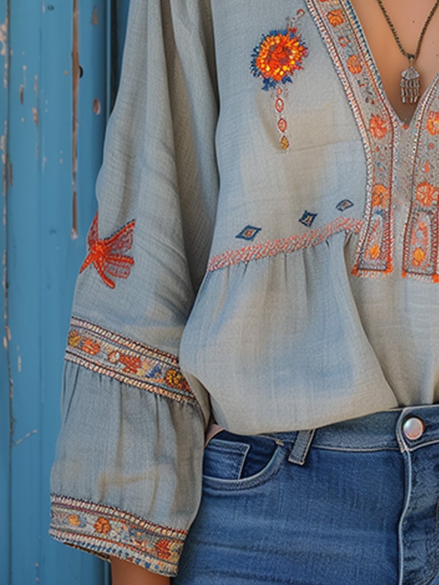 Women's Floral Embroidered V-Neck Long Sleeve Relaxed Boho Blouse