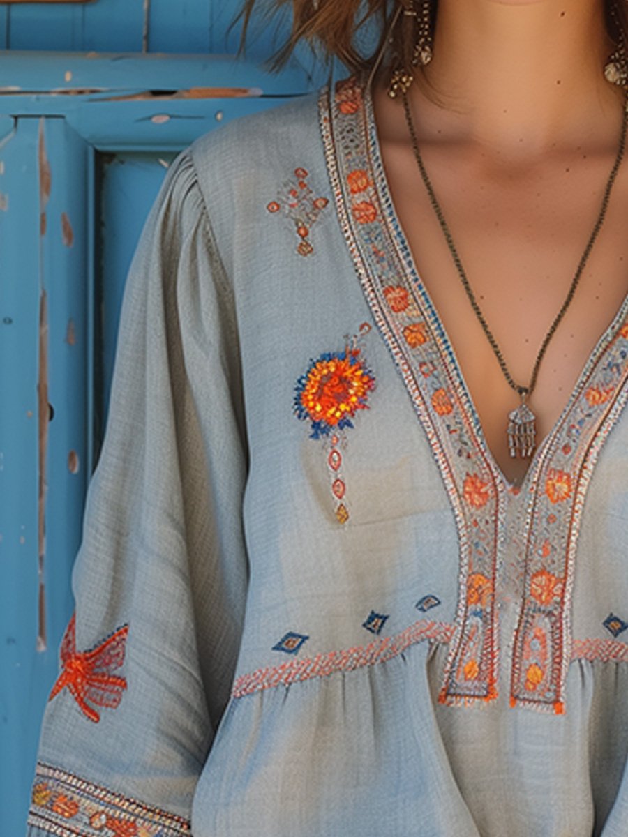 Women's Floral Embroidered V-Neck Long Sleeve Relaxed Boho Blouse
