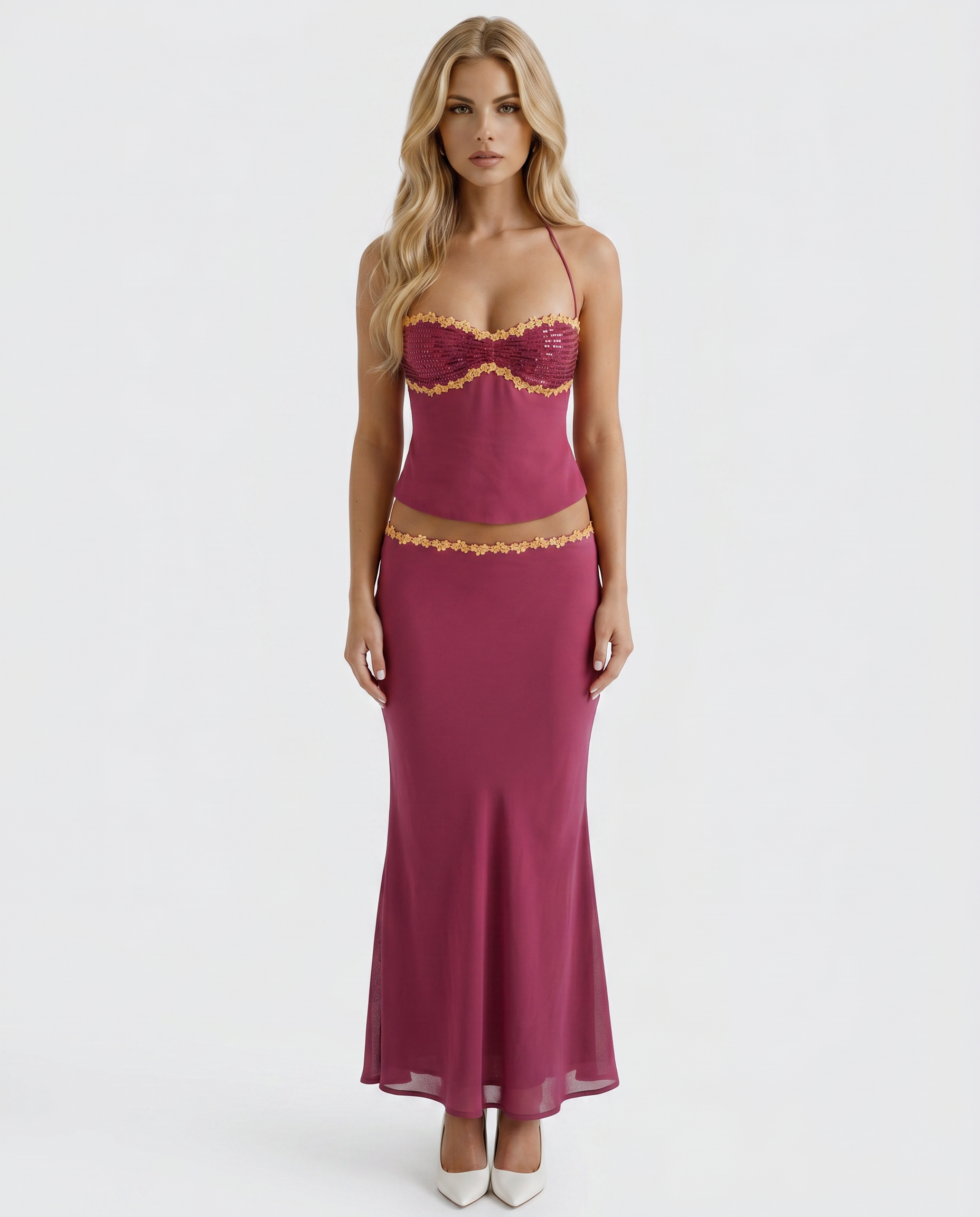 Women's Halter Bralette Maxi Skirt Set | Berry Two-Piece Ruffle Trim