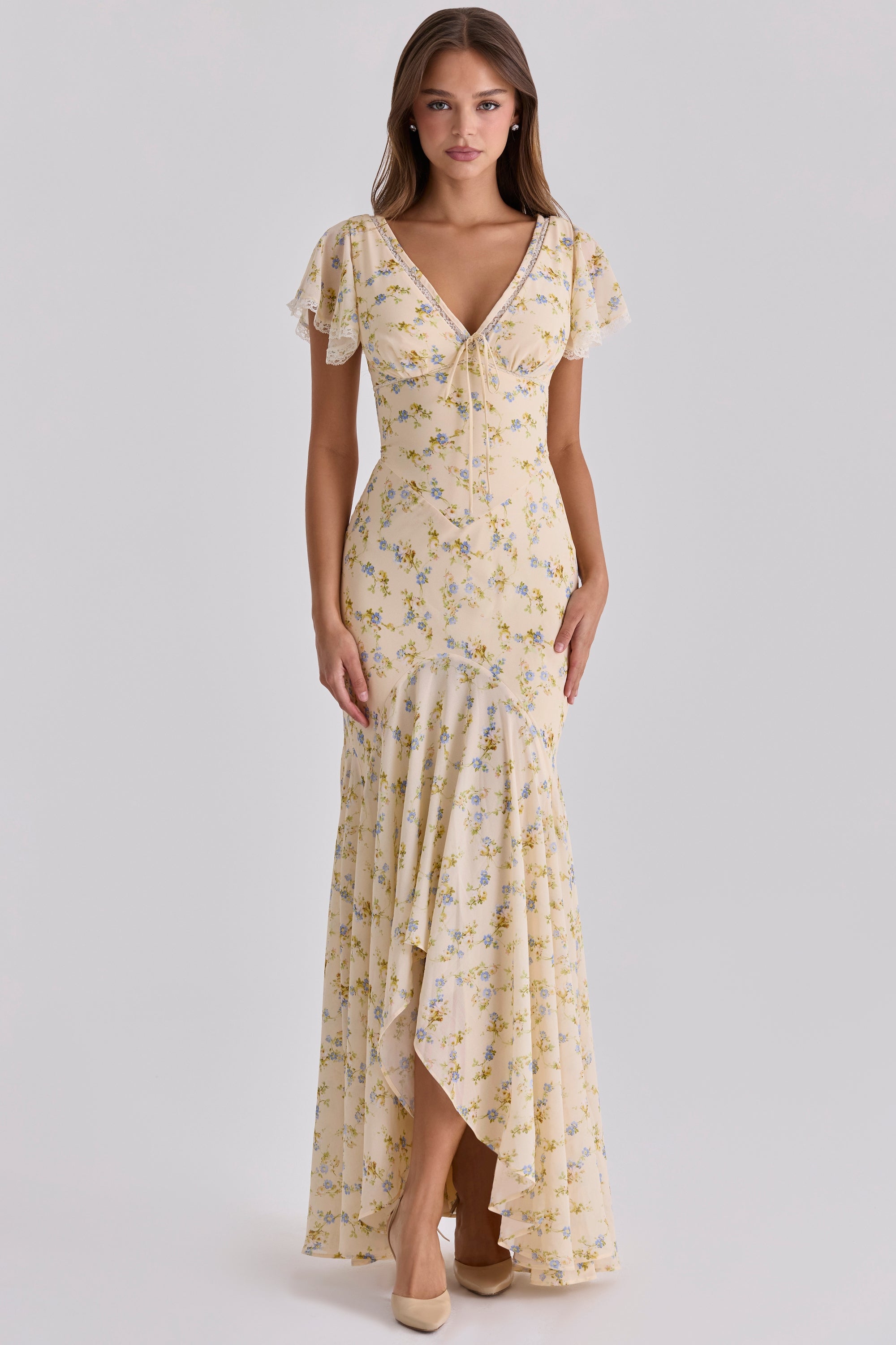 Women's Floral Print V-Neck Flutter Sleeve Flowy Maxi Dress Boho Wedding Guest