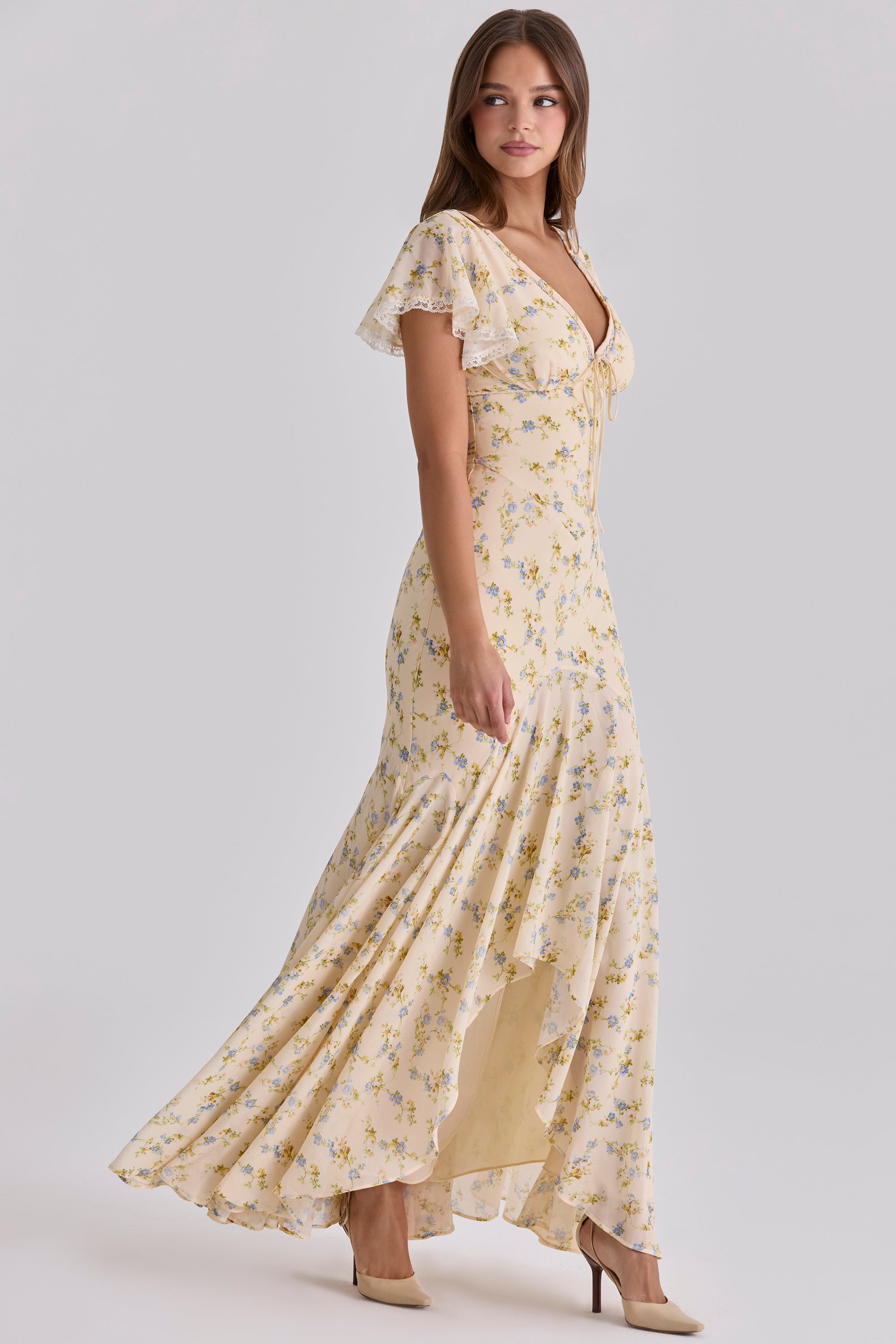 Women's Floral Print V-Neck Flutter Sleeve Flowy Maxi Dress Boho Wedding Guest