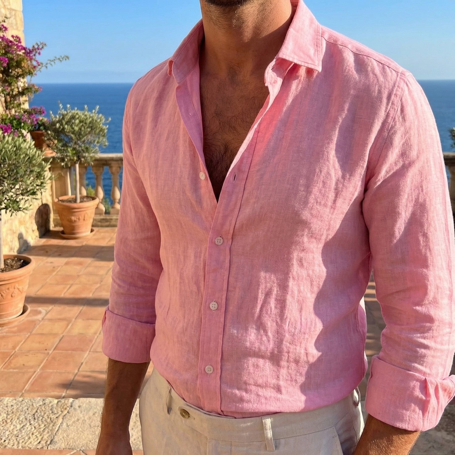 mens relaxed fit long sleeve linen shirt | casual summer top - close-up view