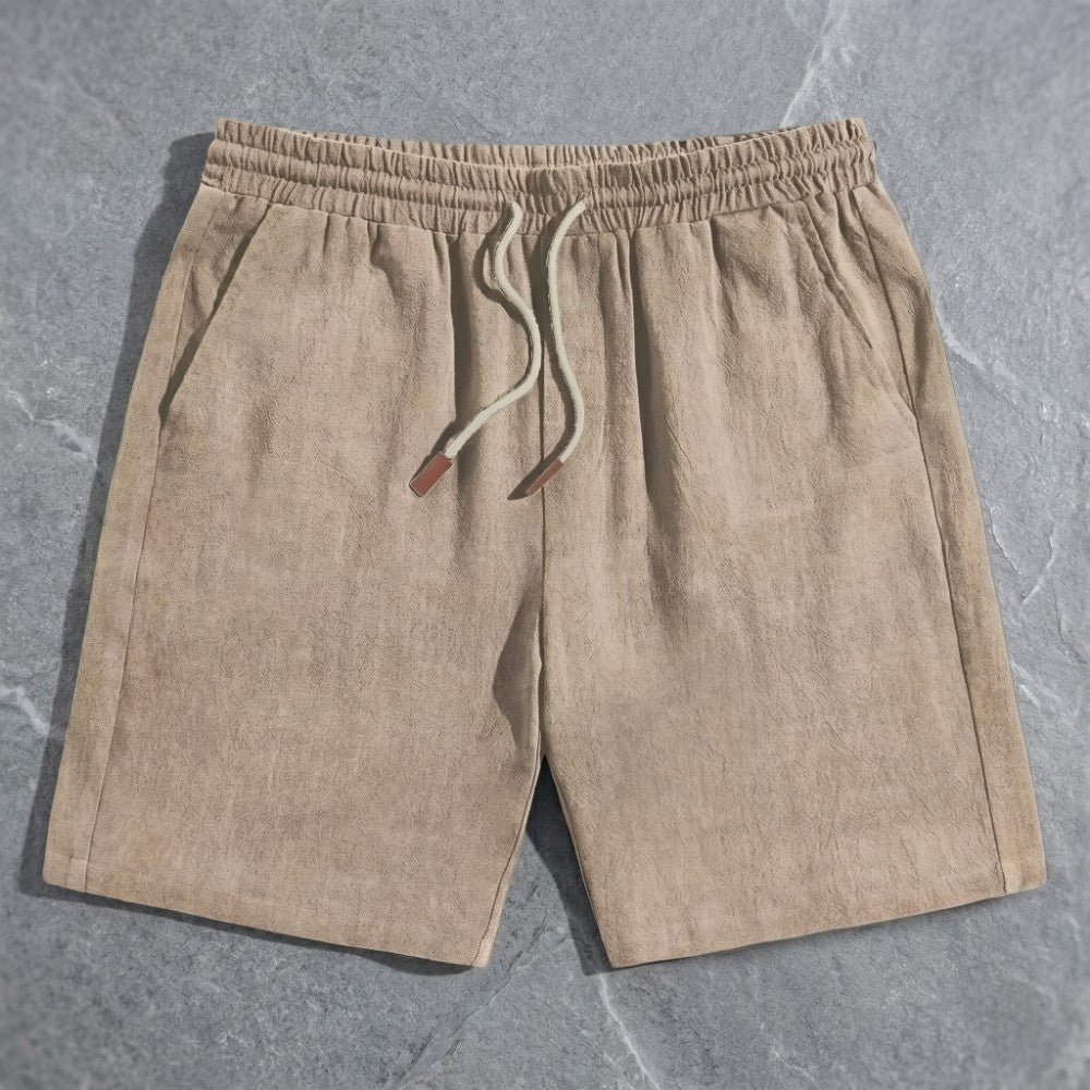 mens linen drawstring shorts | casual summer beach shorts - front view