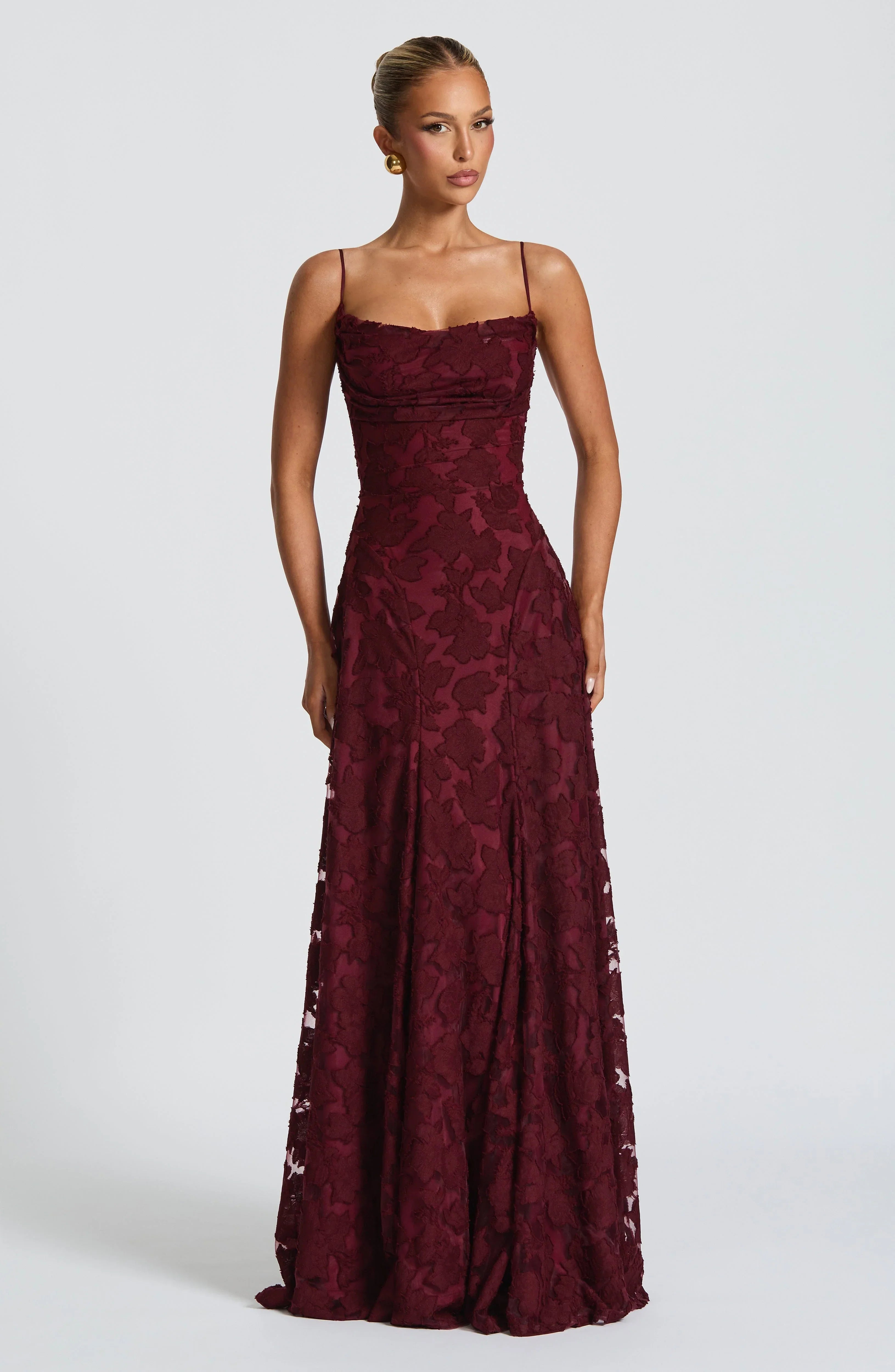 Women's Red Floral Lace Spaghetti Strap A-Line Maxi Evening Dress Wedding Guest