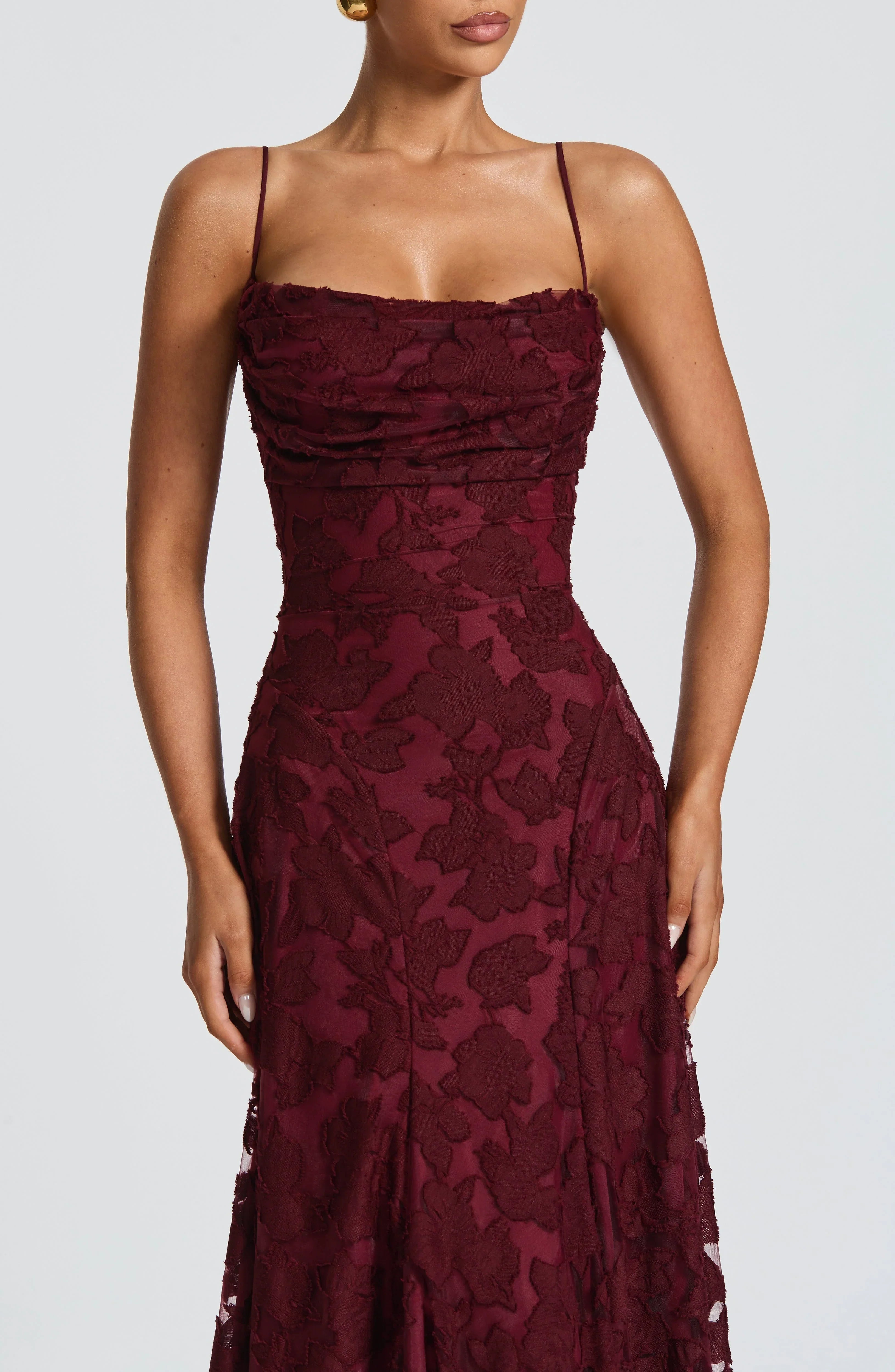 Women's Red Floral Lace Spaghetti Strap A-Line Maxi Evening Dress Wedding Guest