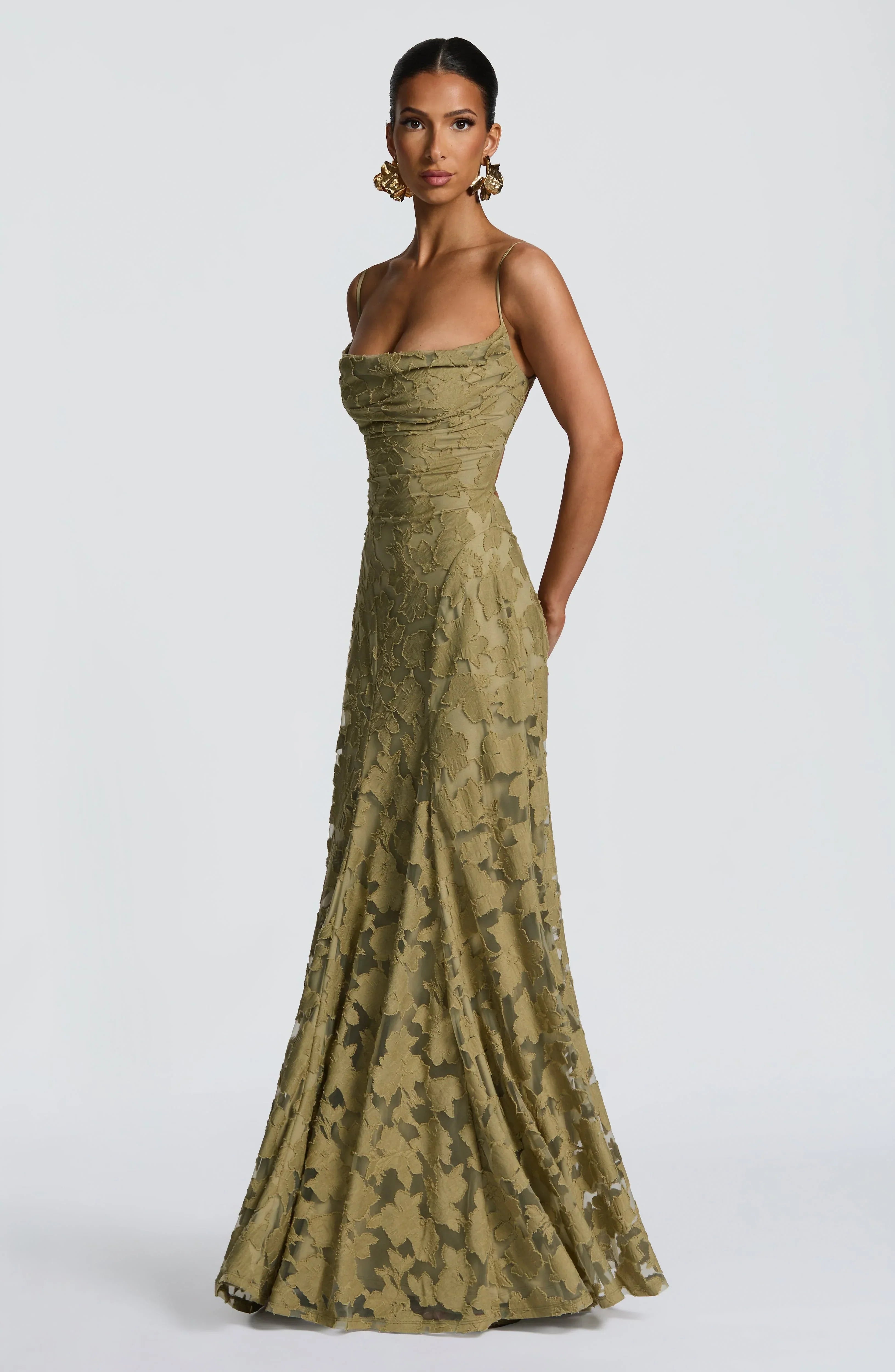 Women's Red Floral Lace Spaghetti Strap A-Line Maxi Evening Dress Wedding Guest