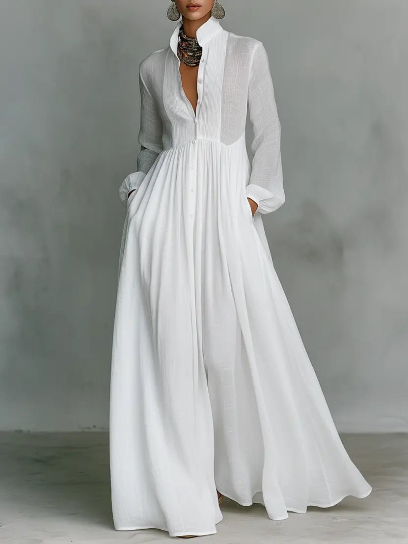 Women's stand-collar button-front cotton linen maxi dress - front view
