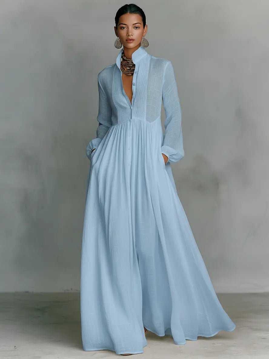 Women's stand-collar button-front cotton linen maxi dress - back view