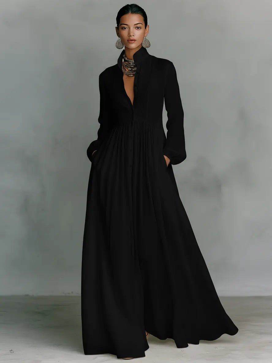Women's stand-collar button-front cotton linen maxi dress - detail view