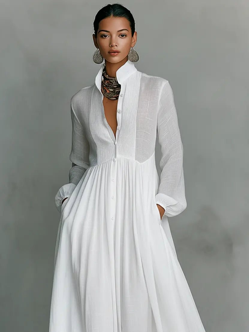 Women's stand-collar button-front cotton linen maxi dress - full view