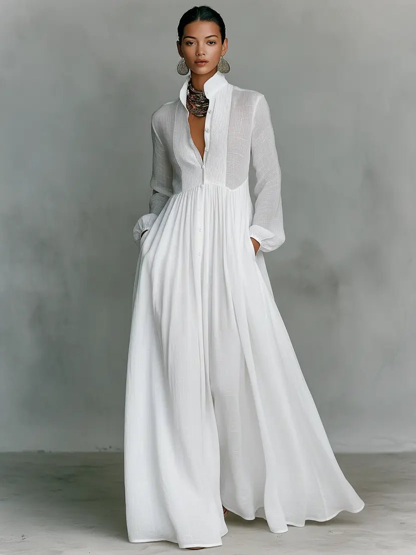 Women's stand-collar button-front cotton linen maxi dress - worn view