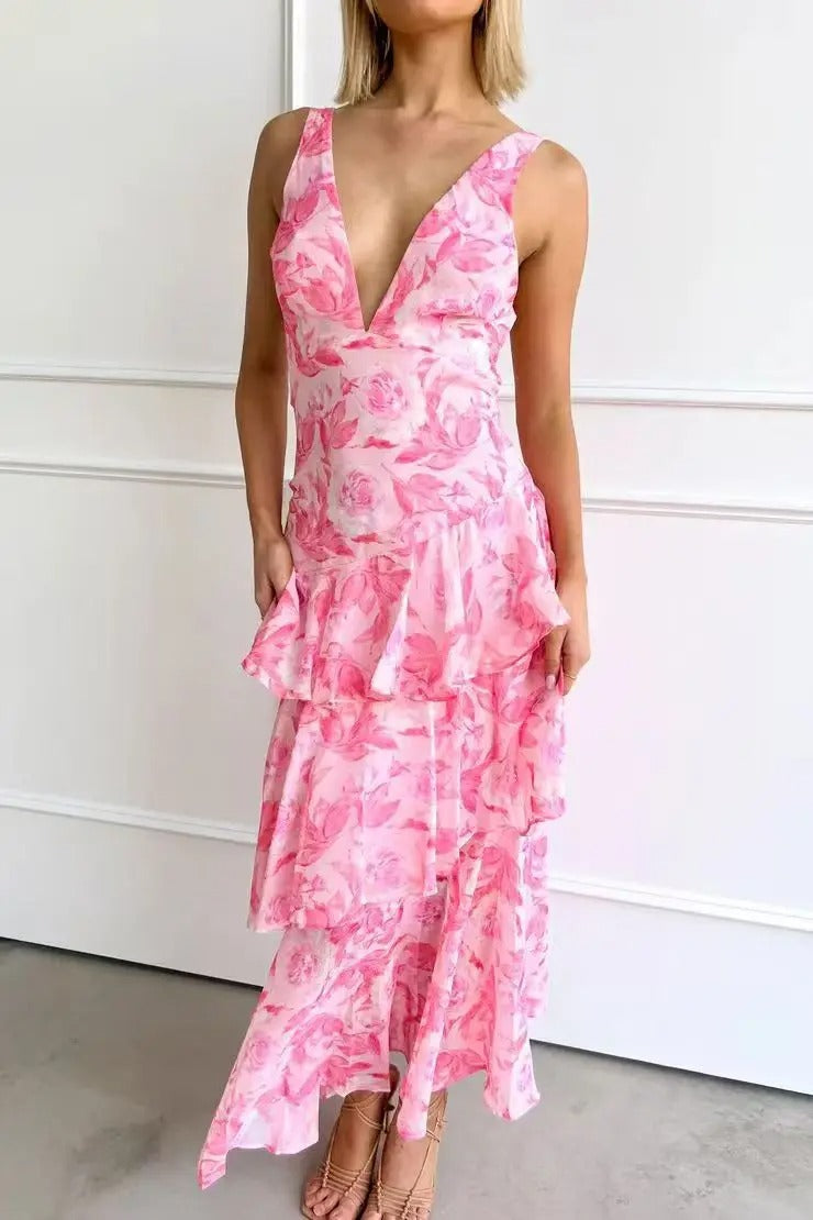 Women's Green Printed V Neck Ruffle Tiered Maxi Wedding Guest Dress