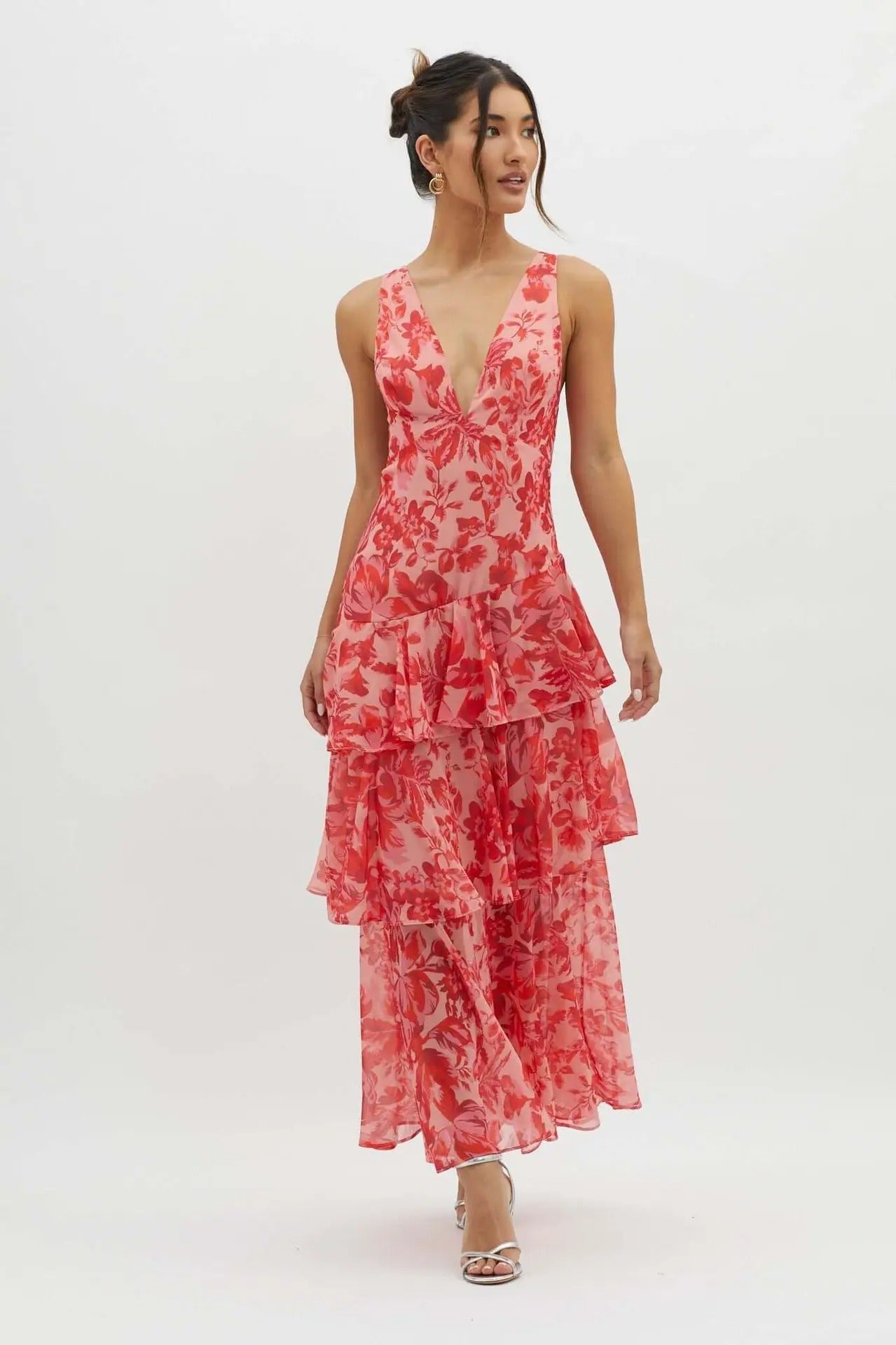 Women's Green Printed V Neck Ruffle Tiered Maxi Wedding Guest Dress
