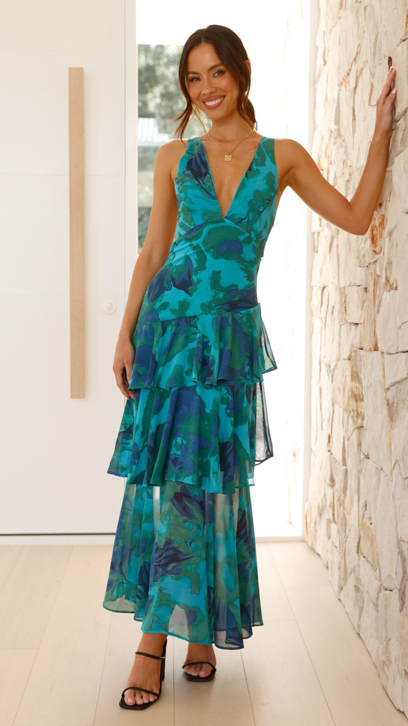 Women's Green Printed V Neck Ruffle Tiered Maxi Wedding Guest Dress