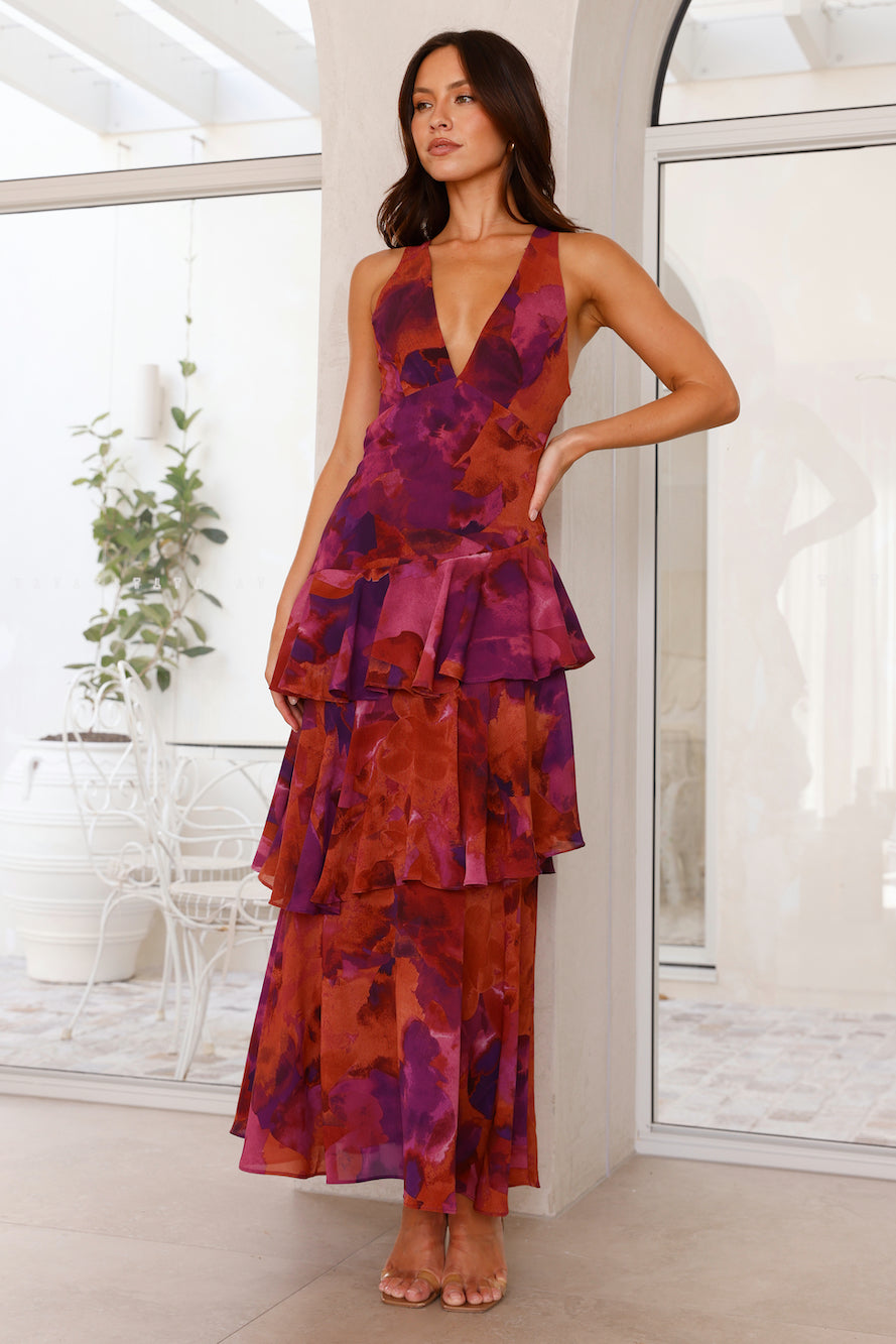 Women's Green Printed V Neck Ruffle Tiered Maxi Wedding Guest Dress