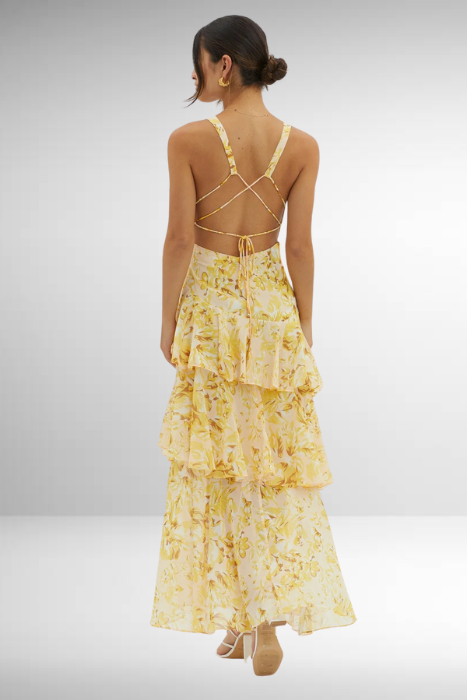 Women's Green Printed V Neck Ruffle Tiered Maxi Wedding Guest Dress