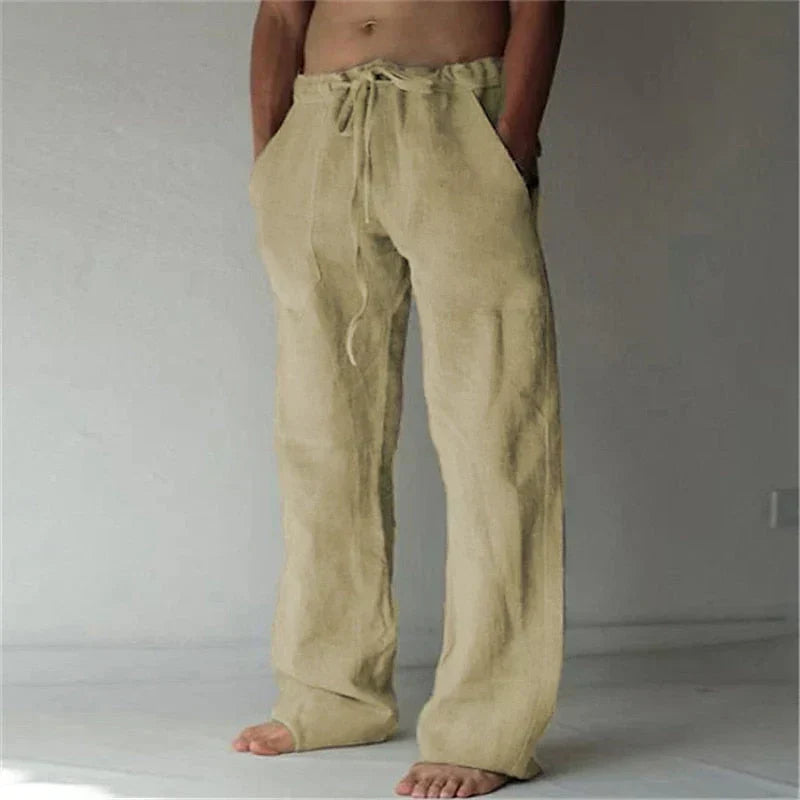 mens baggy linen pants | relaxed casual fit summer bottoms - back view