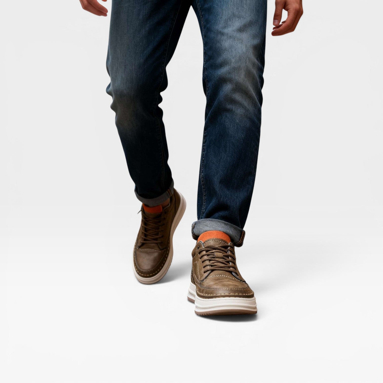 Men's burnished leather trainers downtown editorial view