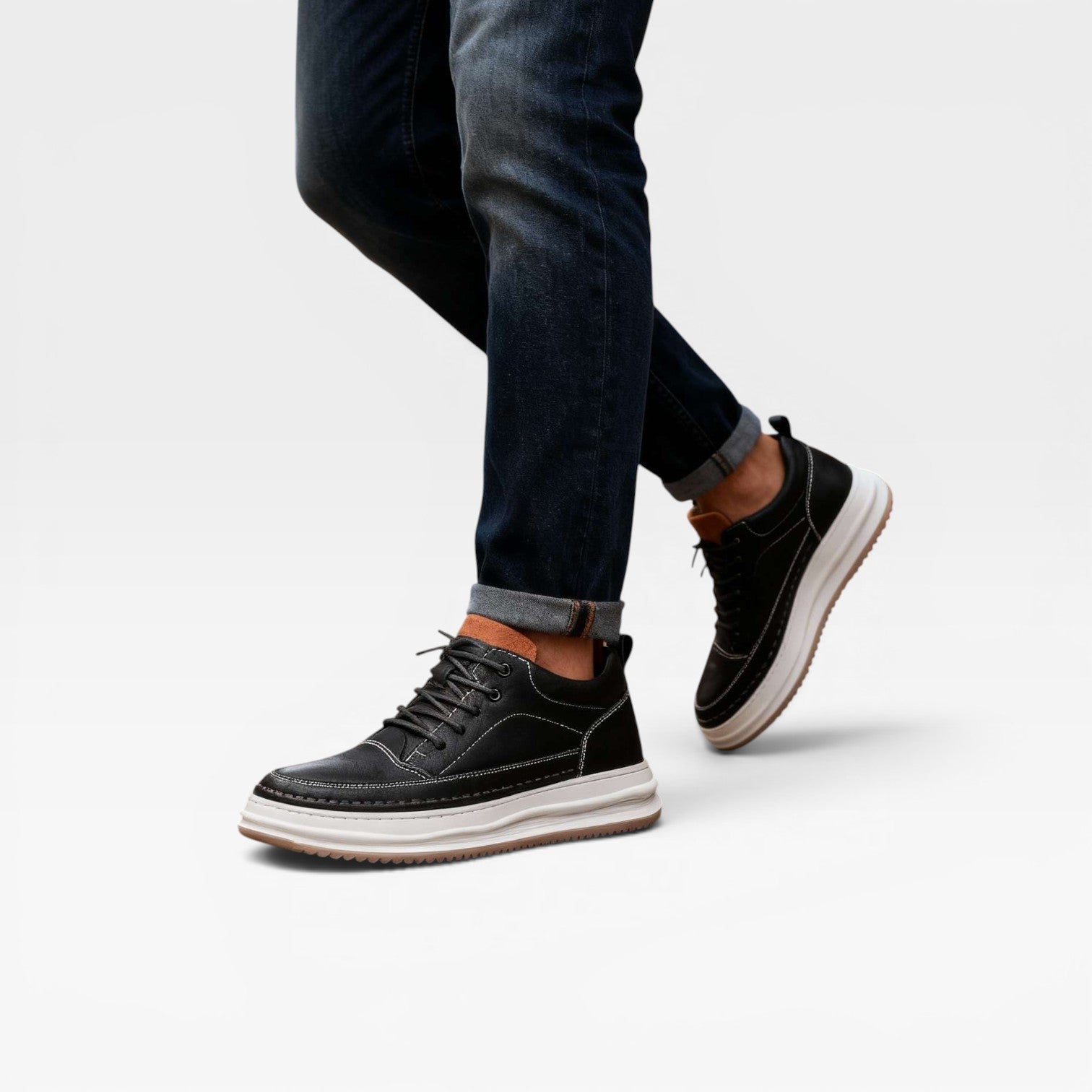 Men's burnished leather lace-up trainers editorial lifestyle view