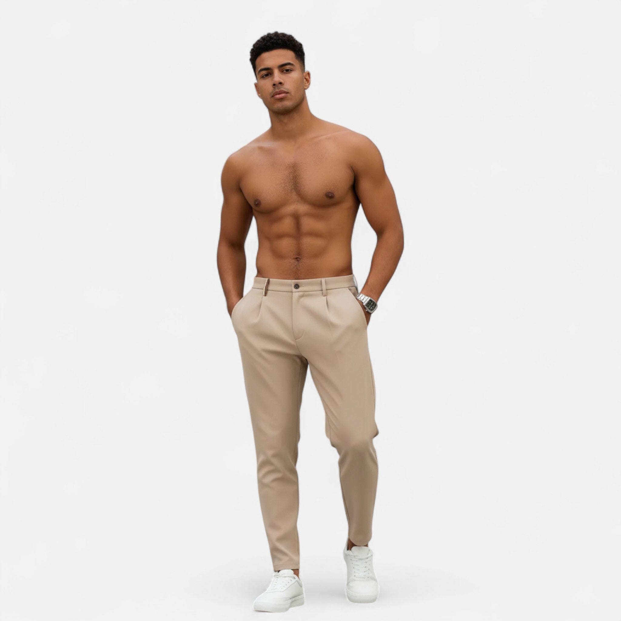 mens classic pleated business trousers | smart formal dress pants - close-up view