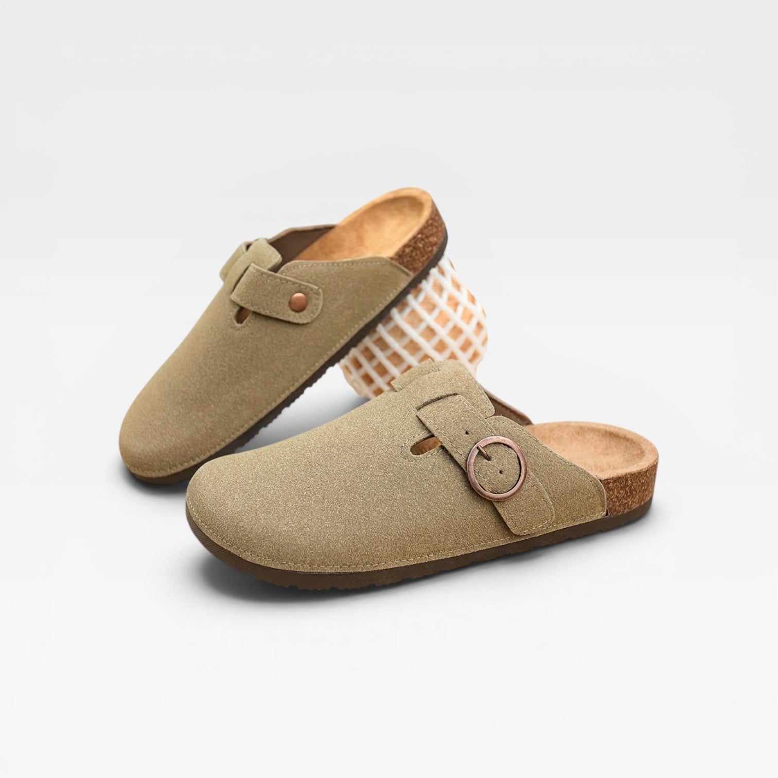 Men's cork footbed clogs suede upper side view