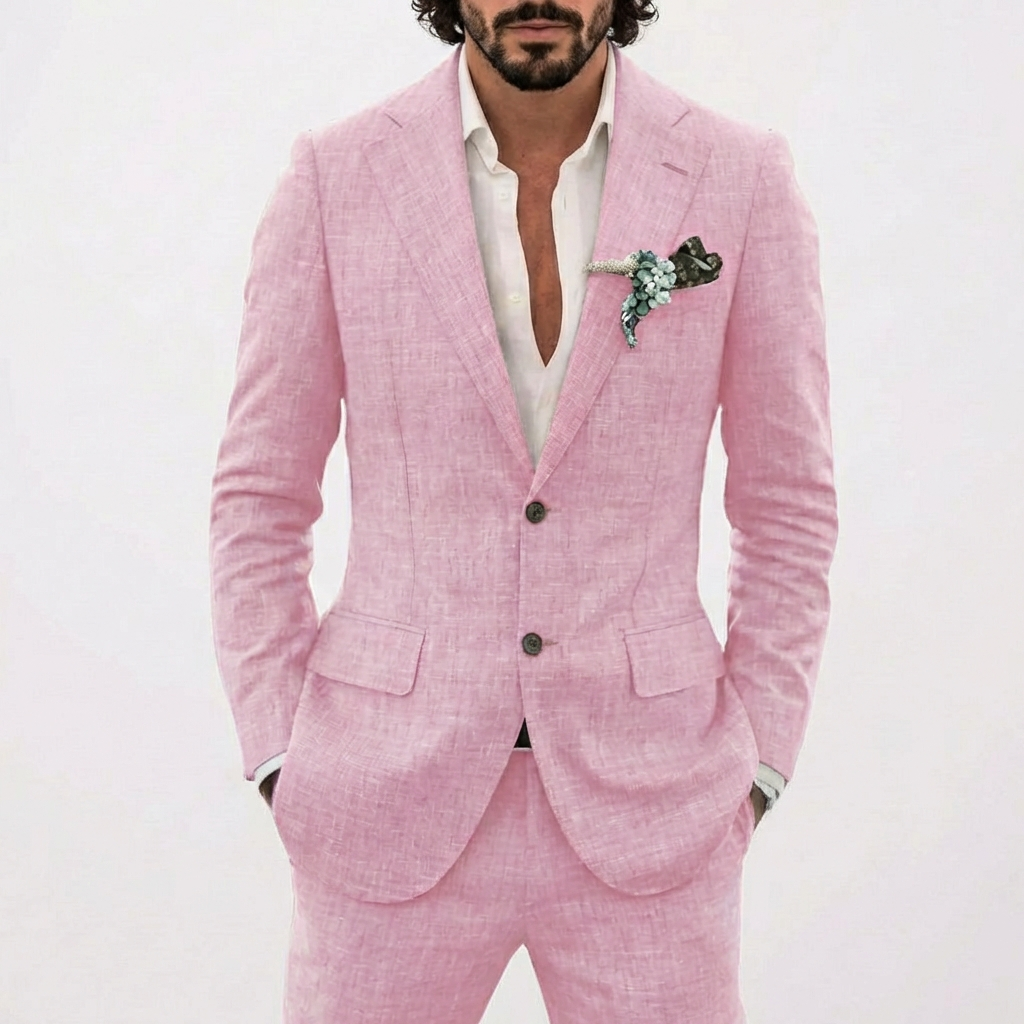 men's cotton linen 2-piece suit - pink color front view